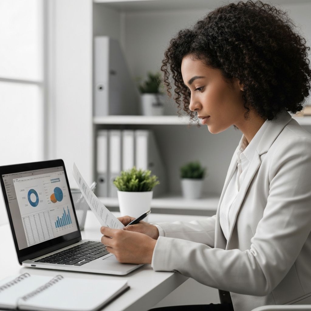 Business professional verifying documents on laptop